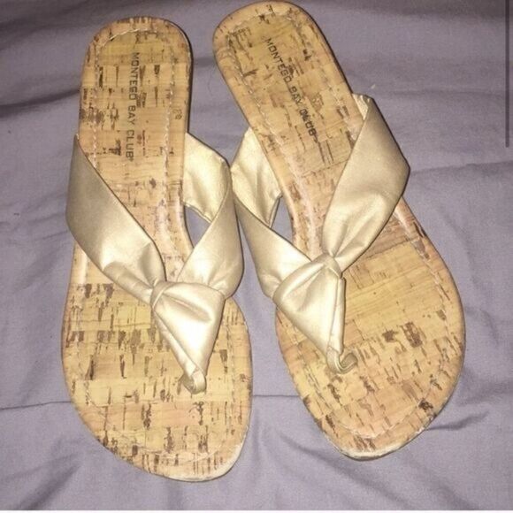 Montego Bay Club women's gold metallic thong style low cork wedge heel size - Picture 1 of 5